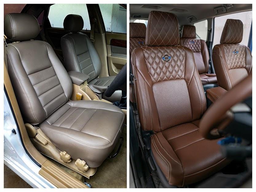 Car Interior modification: Left: PU Nappa Seat Covers, made and installed by CETUS, in a Chevrolet Optra; 
Right: Leather Seat Covers, made and installed by CETUS, in a Toyota Innova Crysta
