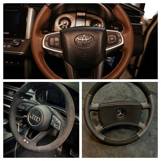 Car Interior modification: Top: Leather Steering Wheel Cover, installed by CETUS, in an Innova Crysta;
Bottom Left: Alcantara Steering Wheel Cover, in an Audi S5; Bottom Right: Black Nappa Leather and Black Alcantara steering cover for Mercedes Benz w123
